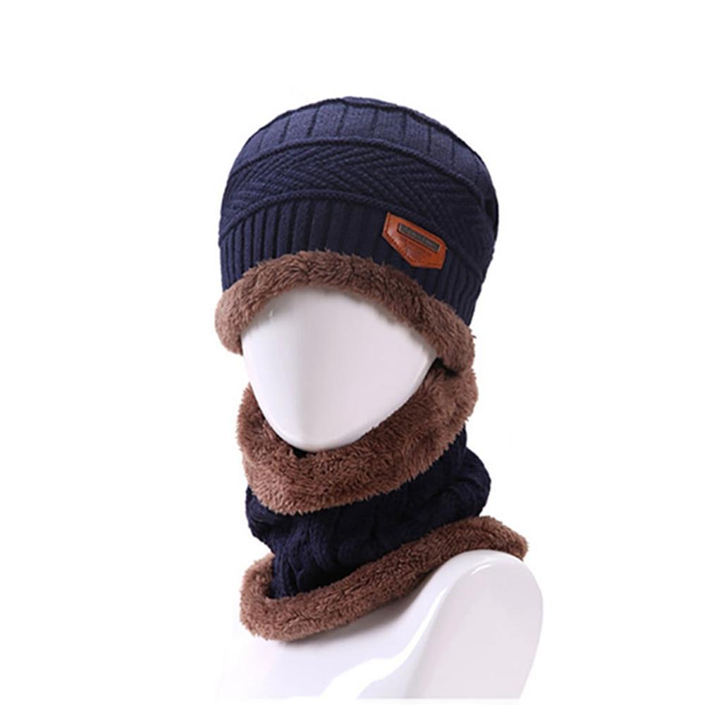 MZD0162 Men Winter Fleece Thickened Knitting Two-piece Set Hat + Cycling Windproof Scarf - Navy Blue
