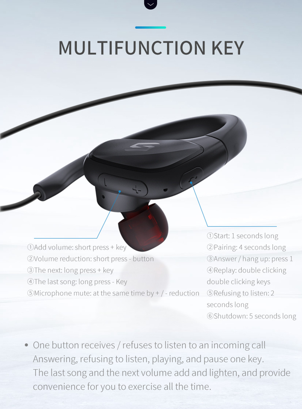 VR SHINECON SC-J11 Headphones Wireless Bluetooth Sports for IOS Android Smart Phone - Black