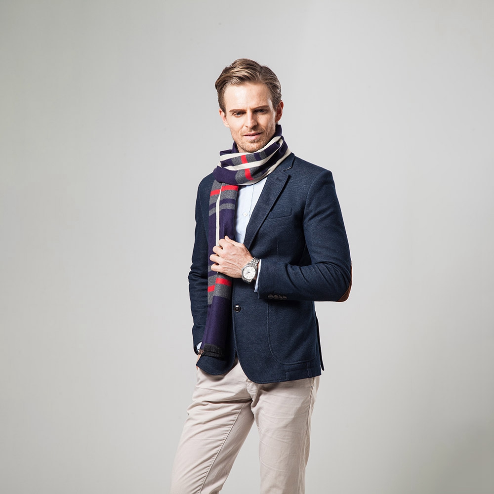 S04 Men Classic Business Imitation Cashmere Striped Plaid Warm Scarf 30x180CM - Navy Blue