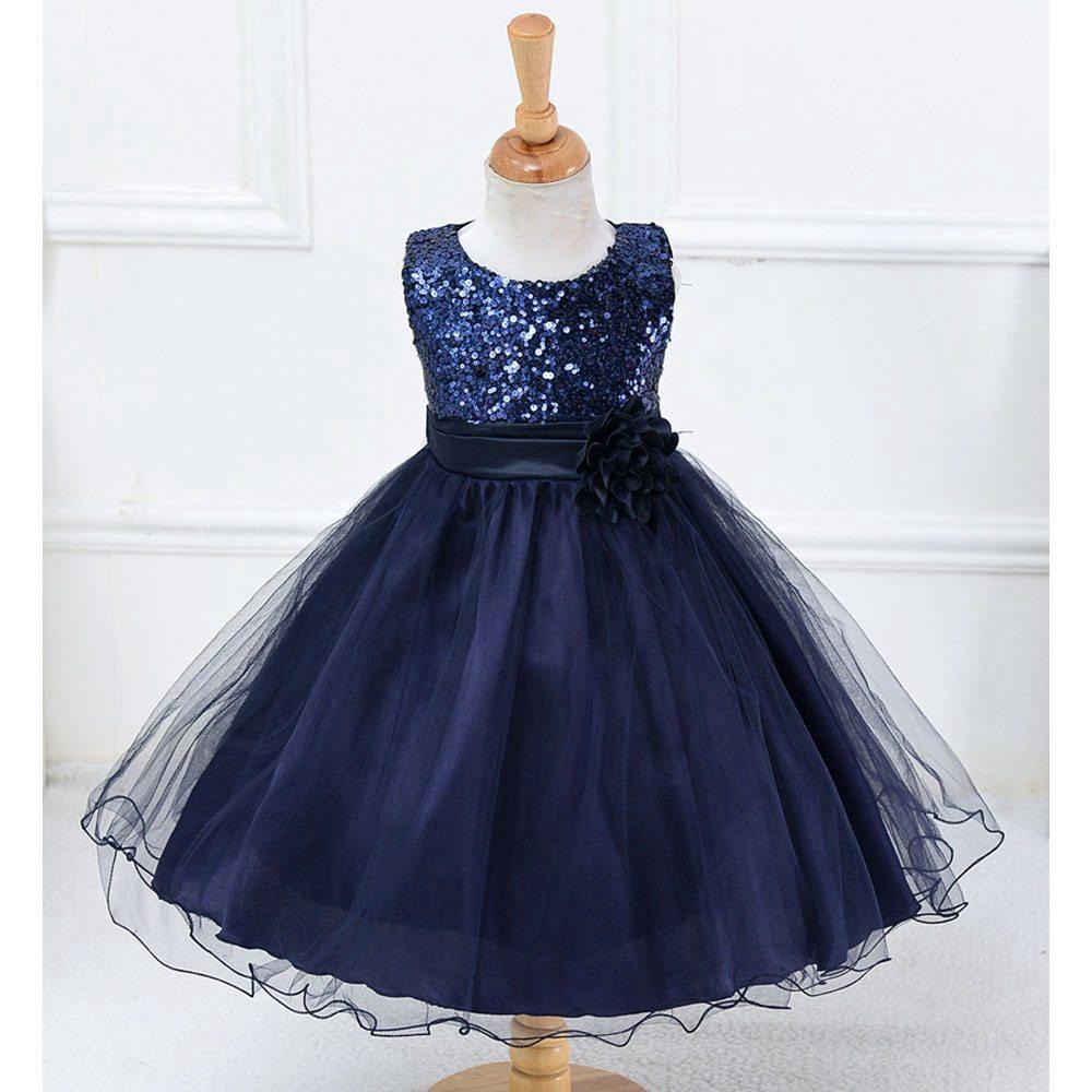 L067 Baby Girls Sleeveless Flower Dress Princess Wedding Party Children Clothing Size 100 - Navy Blue