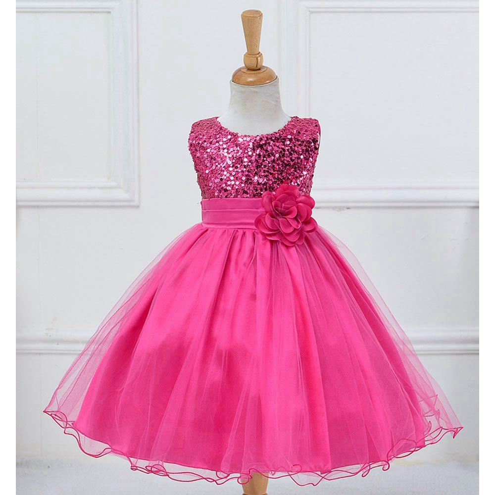 L067 Baby Girls Sleeveless Flower Dress Princess Wedding Party Children Clothing Size 100 - Rose Red