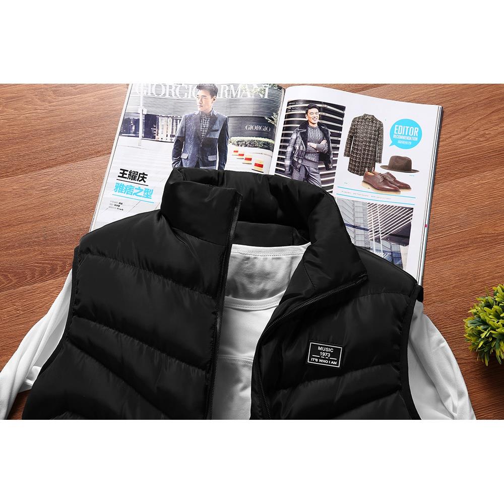 Men Winter Fashion Stand Collar Solid Color Cotton Sleeveless Waistcoat Size L - Black