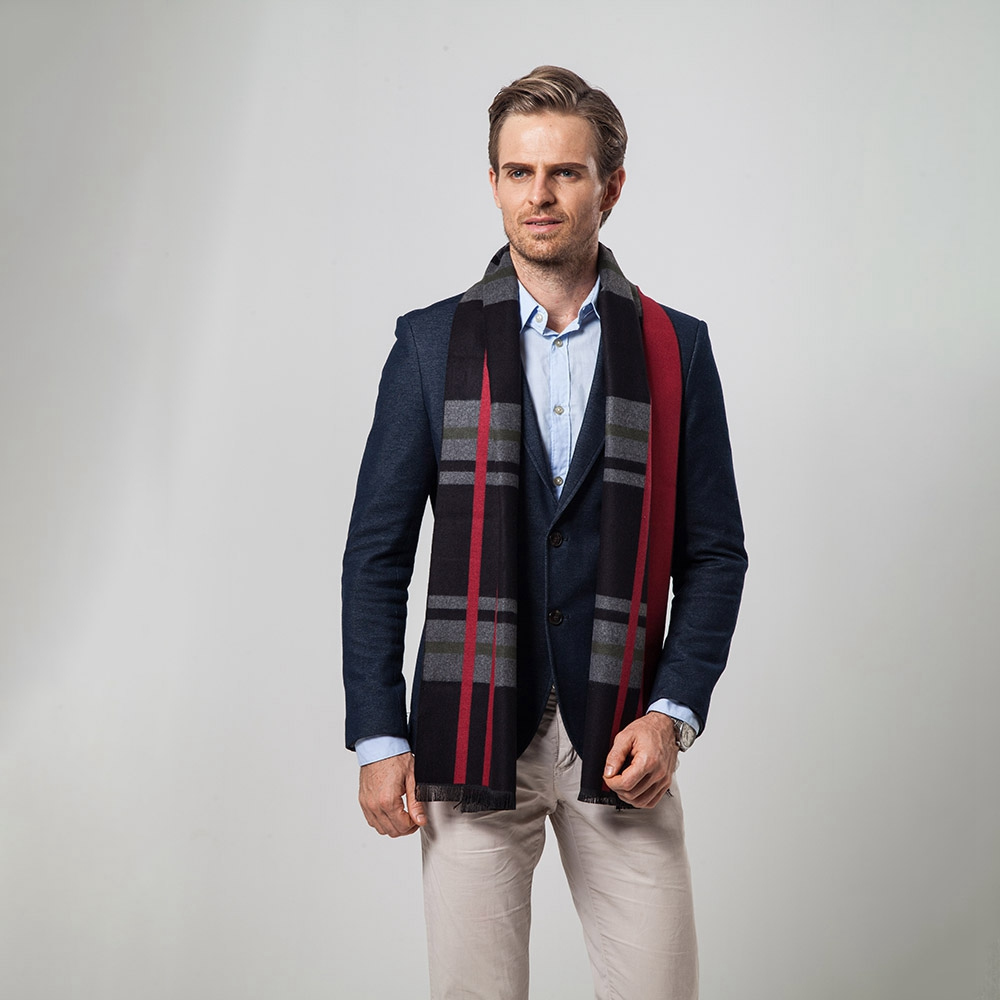 S04 Men Classic Business Imitation Cashmere Striped Plaid Warm Scarf 30x180CM - Red + Black
