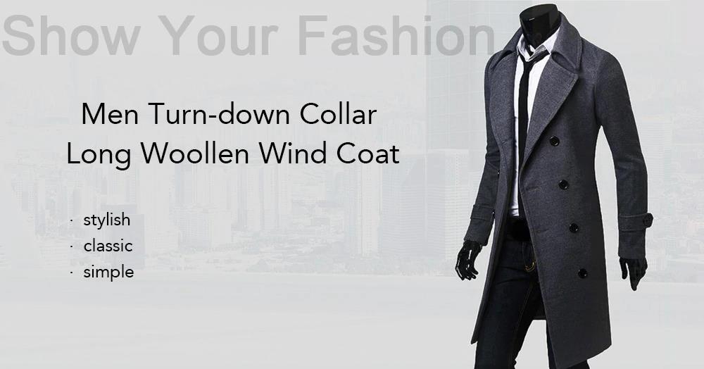 C02 Men Winter Casual Warm Turn-down Collar Coat Long Windbreaker Jacket Size L - Black