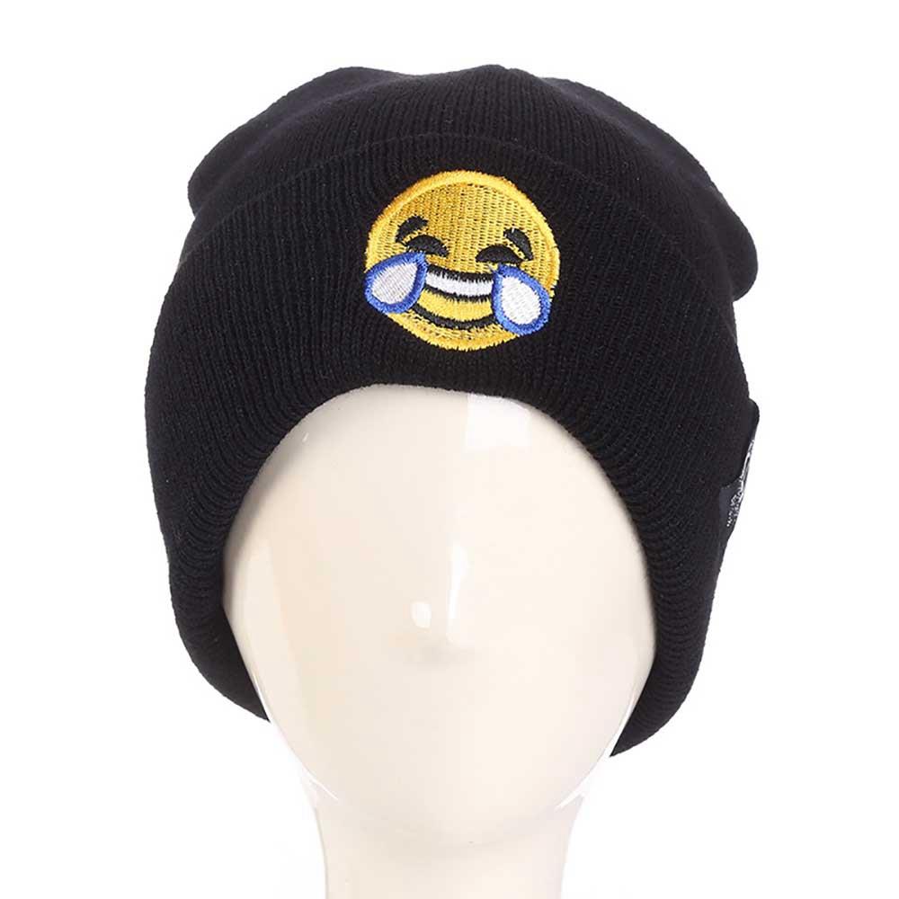 LZ169 Unisex Expression Embroidered Knitted Hat KLV Personality Cartoon Wool Cap Outdoor Warm Cuffed Hat - Black