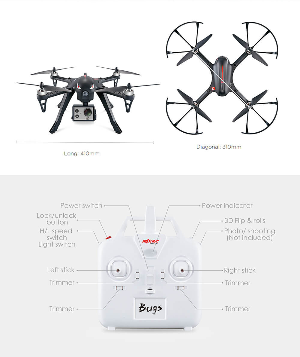 MJX Bugs 3 Brushless Independent ESC 1800mAh Battery 3D Roll Gopro 3 Gopro 4 Compatible RC Quadcopter RTF - Red
