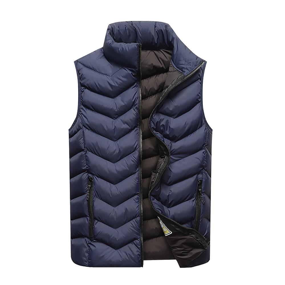 Men Winter Casual Stand Collar Solid Color Cotton Waistcoat Sleeveless Jacket Size L - Blue
