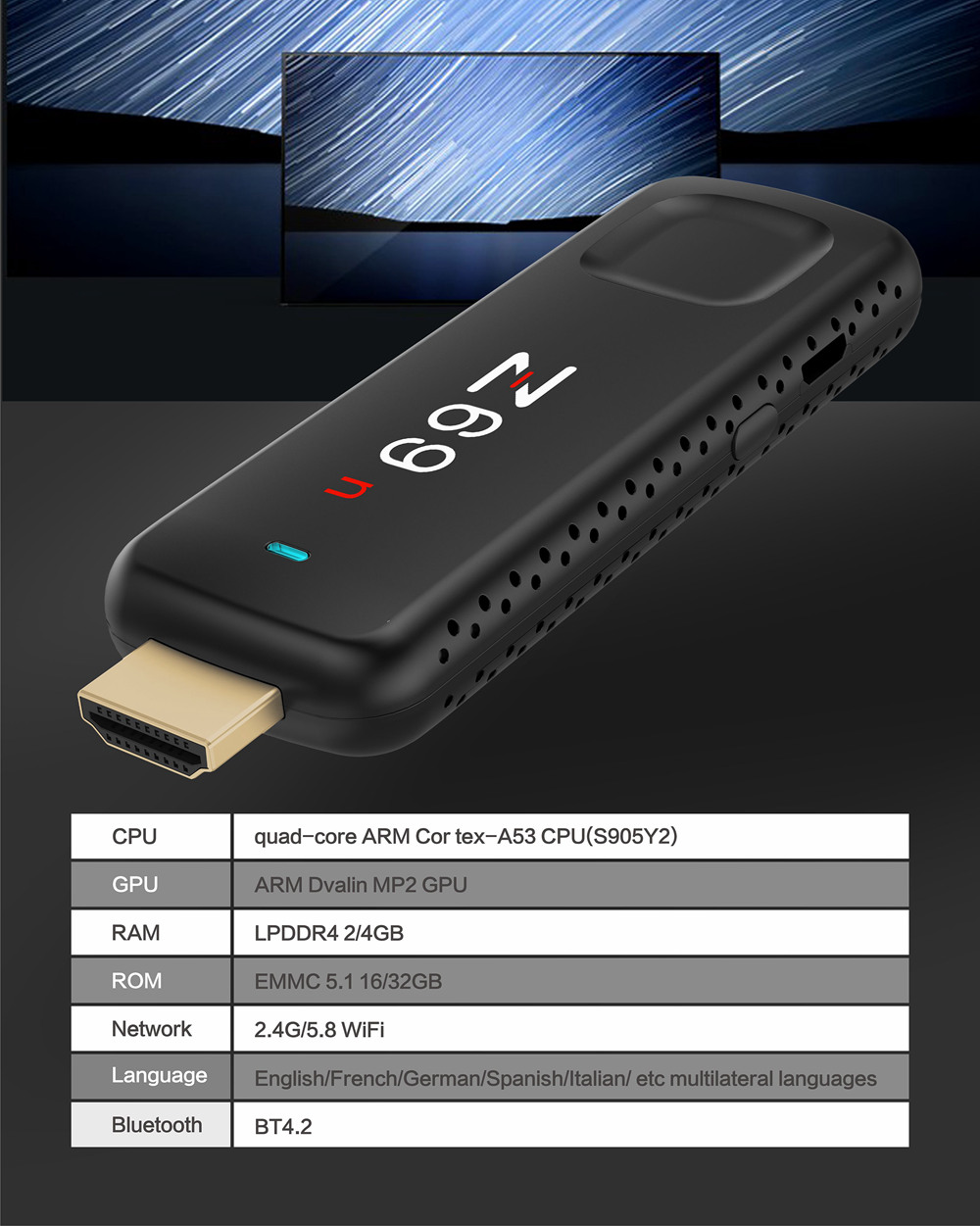 Z69n Amlogic S905Y2 Android 8.1 2GB DDR4 16GB eMMC TV Dongle Dual Band WiFi Bluetooth HDMI USB3.0