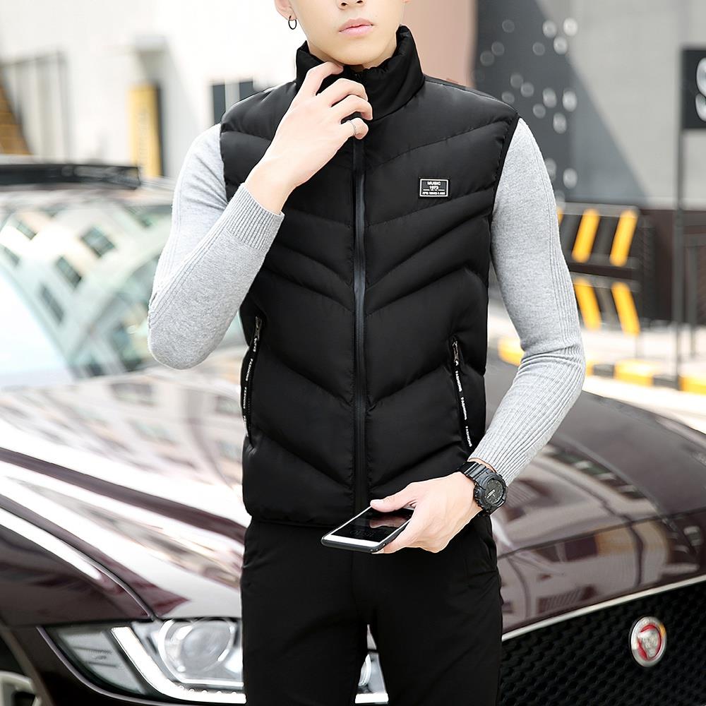 Men Winter Fashion Stand Collar Solid Color Cotton Sleeveless Waistcoat Size L - Black