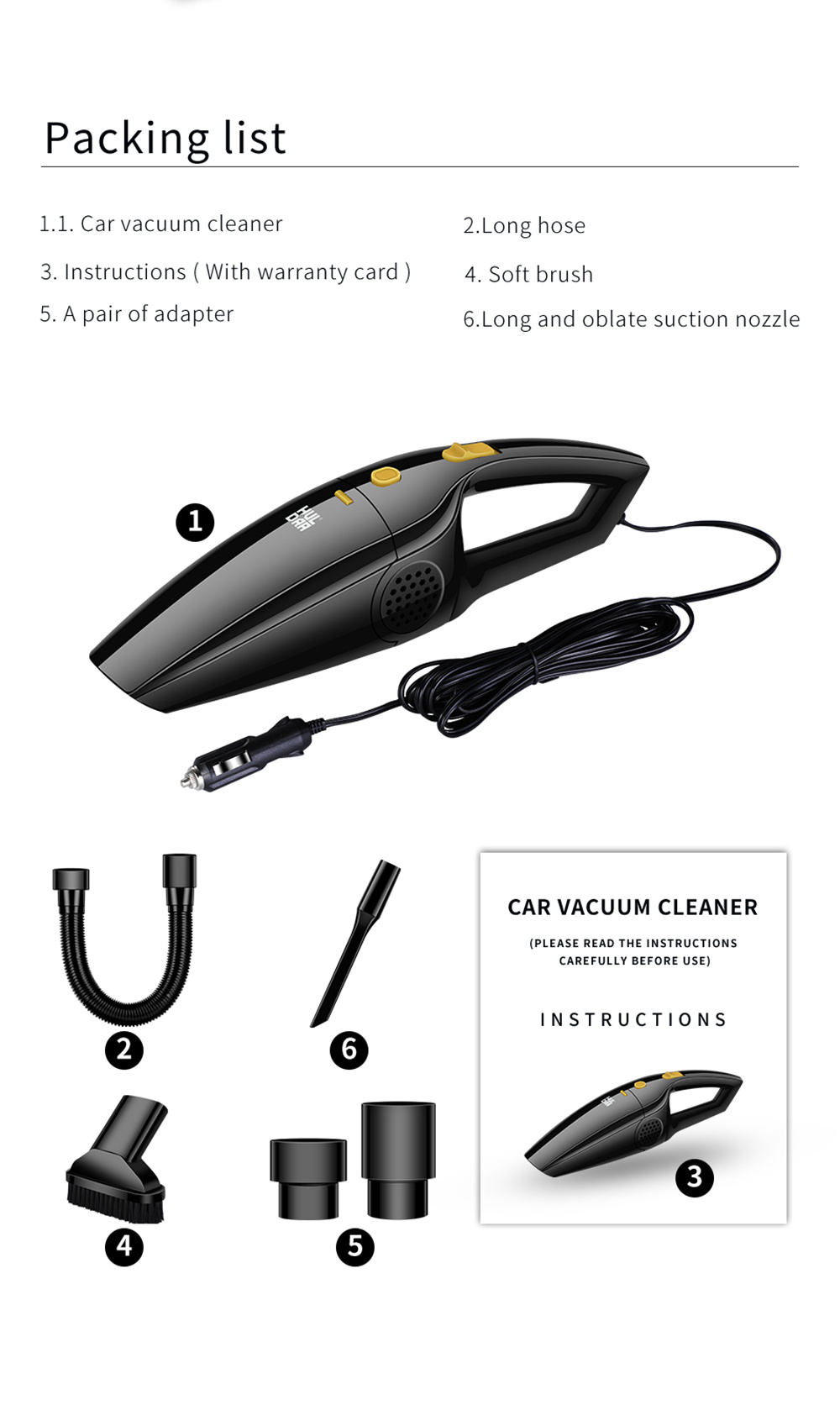 HULDRA HL-CY001 Portable Wired Handheld Car Vacuum Cleaner 120W Power - Black