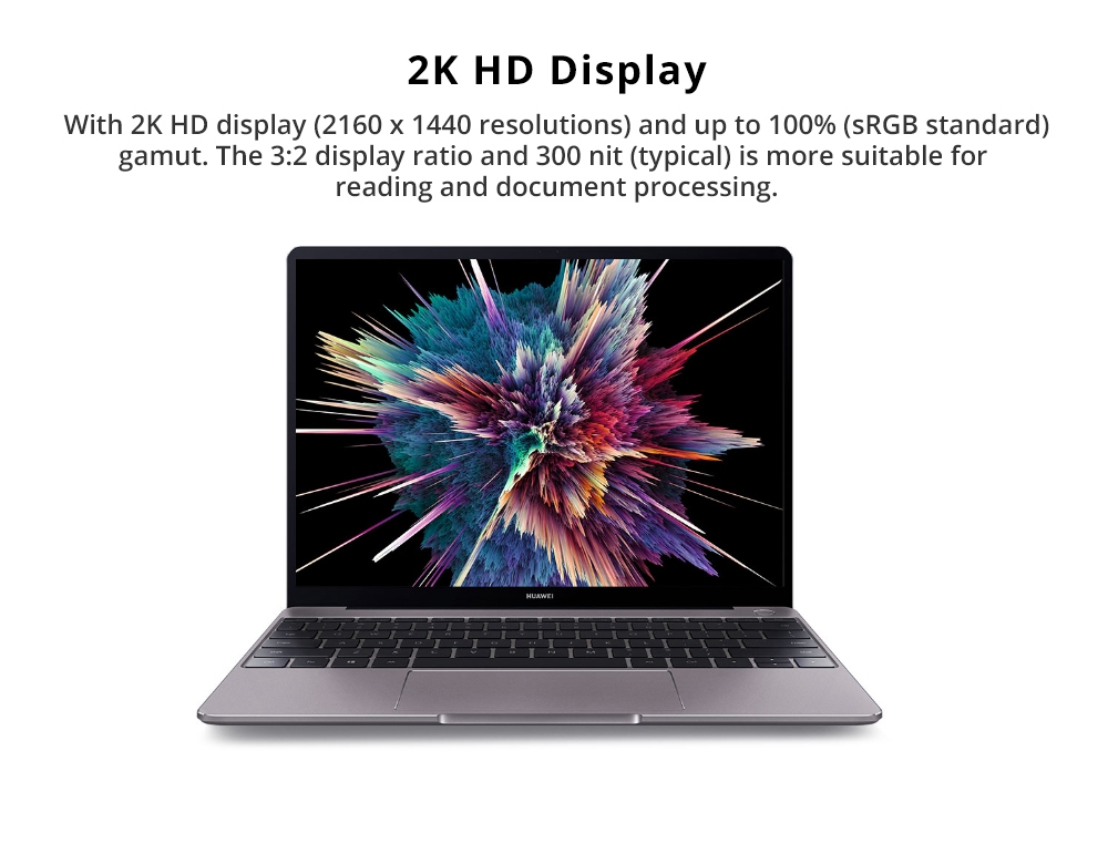 Huawei MateBook 13 Laptop Intel Core i5-8265U Quad Core 13" Fingerprint IPS 2K Screen 2160*1440 Windows 10 8GB RAM 512GB SSD - Silver