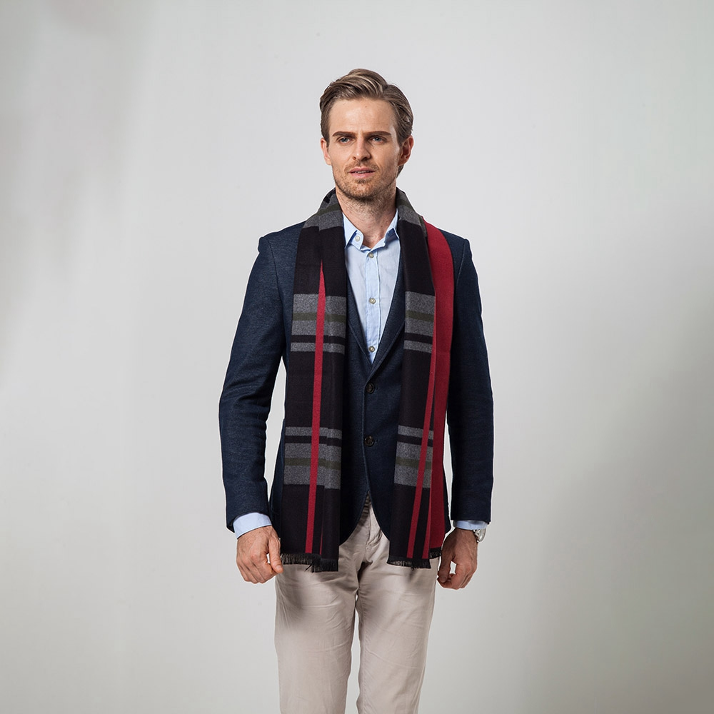 S04 Men Classic Business Imitation Cashmere Striped Plaid Warm Scarf 30x180CM - Red + Black