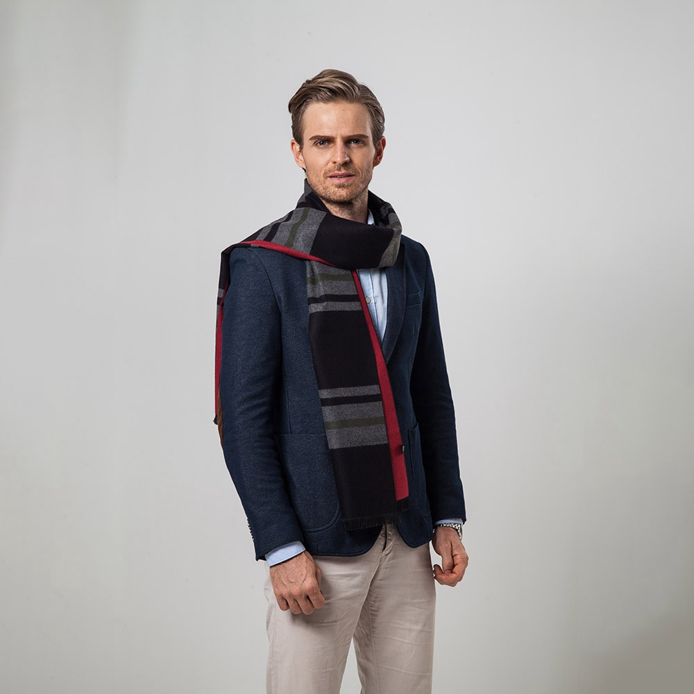 S04 Men Classic Business Imitation Cashmere Striped Plaid Warm Scarf 30x180CM - Red + Black