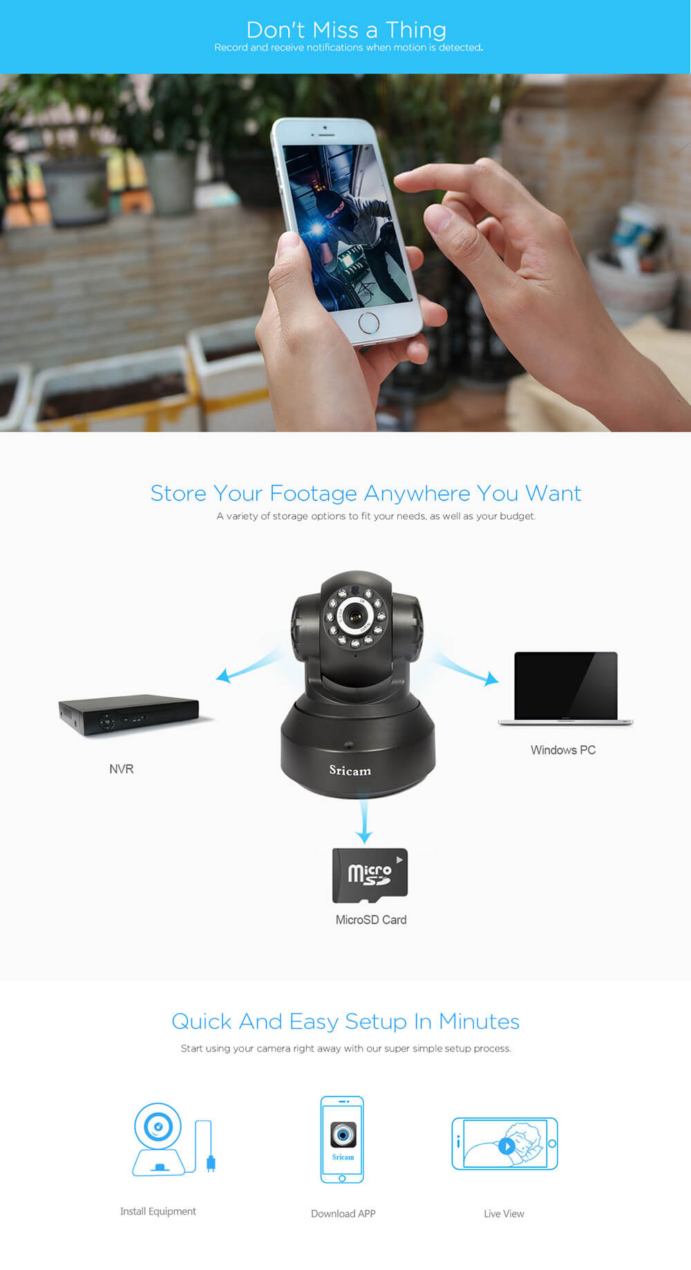Sricam SP005 WiFi ONVIF 720P IP Camera Two-way Audio Infrared Night Vision - Black