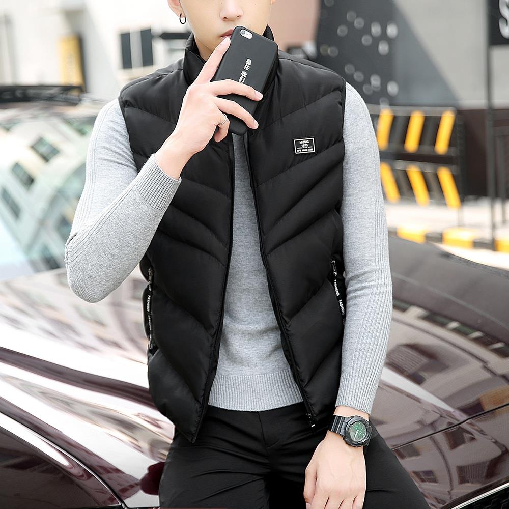 Men Winter Fashion Stand Collar Solid Color Cotton Sleeveless Waistcoat Size L - Black