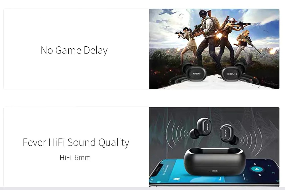 QCY T1C TWS Dual Bluetooth 5.0 Earphones with Mic Charging Box Noise Reduction - Black