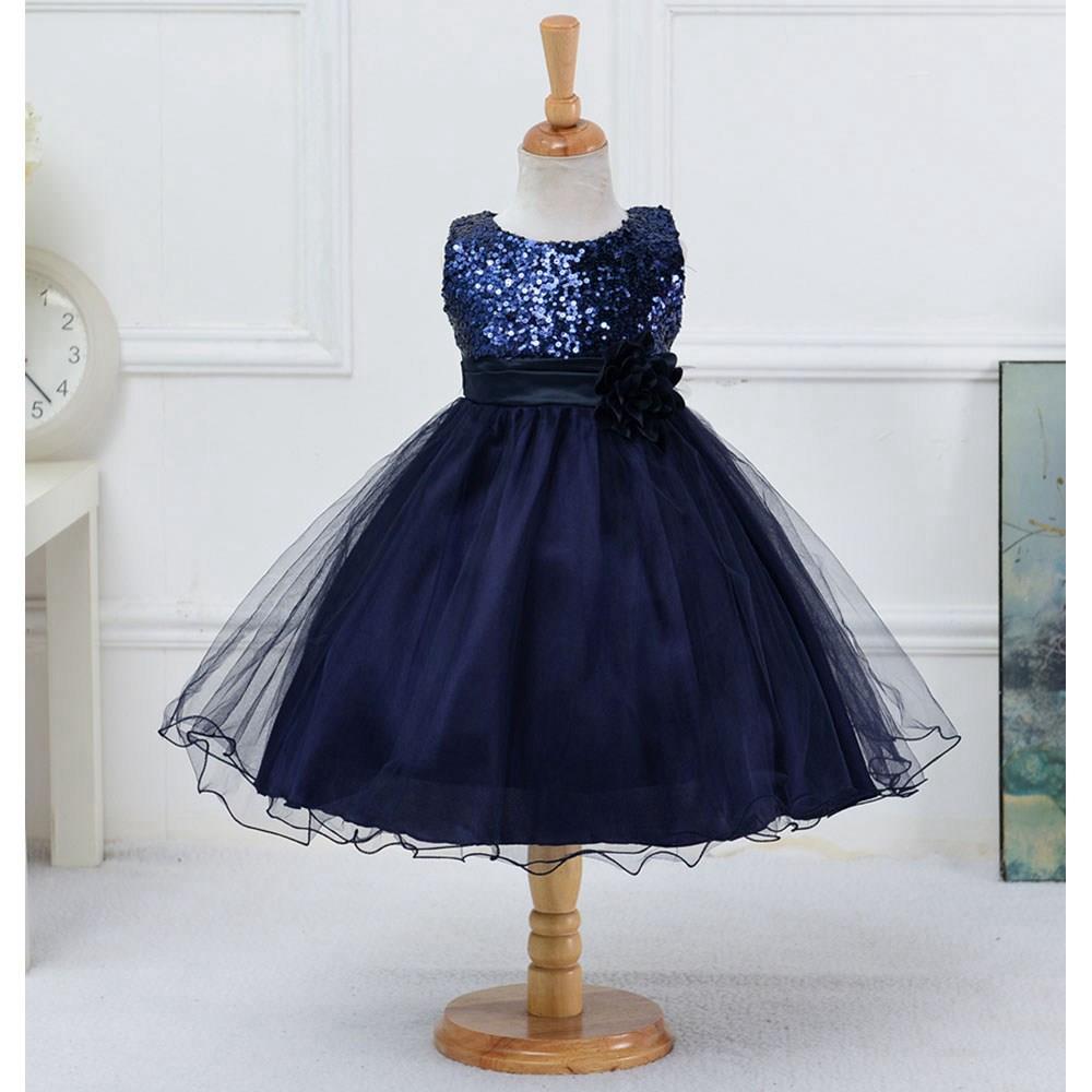 L067 Baby Girls Sleeveless Flower Dress Princess Wedding Party Children Clothing Size 100 - Navy Blue