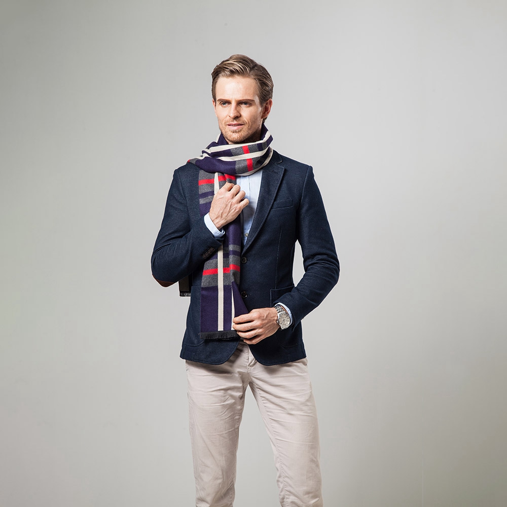 S04 Men Classic Business Imitation Cashmere Striped Plaid Warm Scarf 30x180CM - Navy Blue