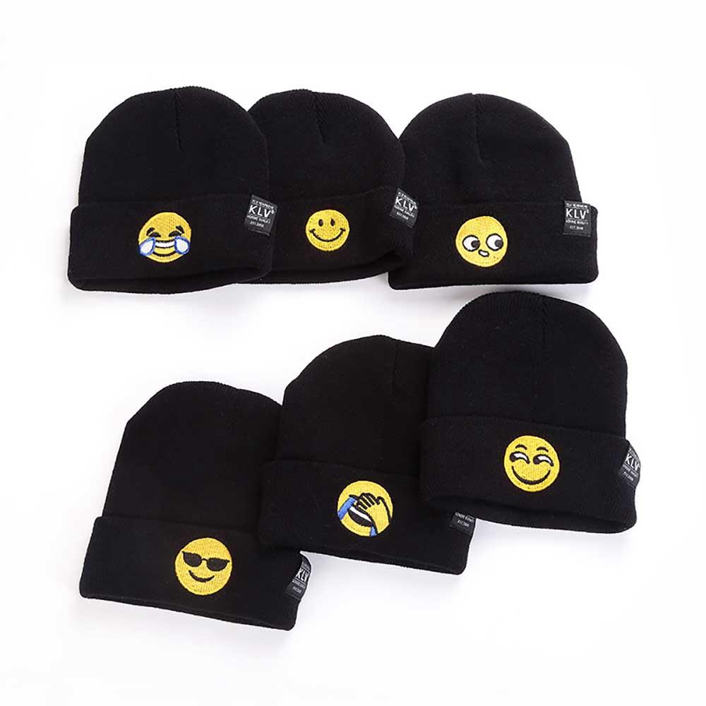 LZ169 Unisex Expression Embroidered Knitted Hat KLV Personality Cartoon Wool Cap Outdoor Warm Cuffed Hat - Black