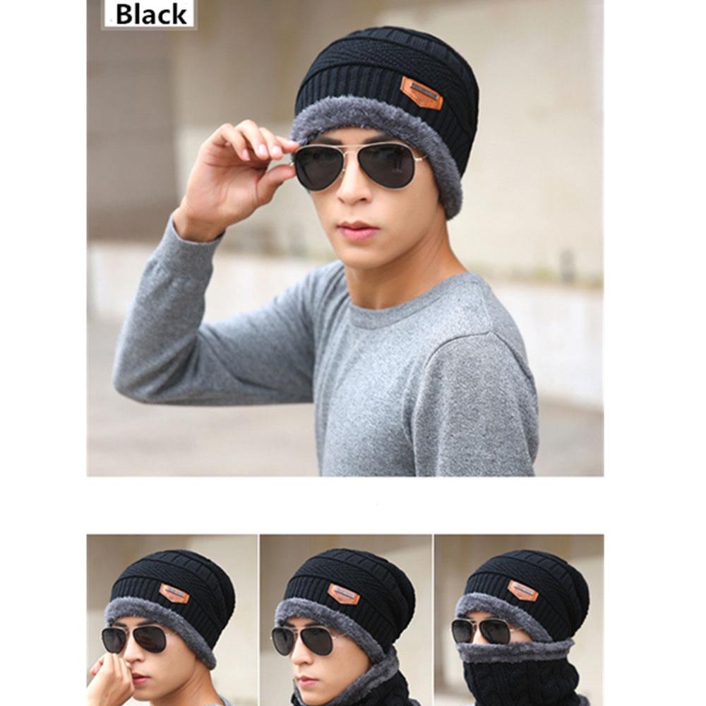 MZD0162 Men Winter Fleece Thickened Knitting Two-piece Set Hat + Cycling Windproof Scarf - Black