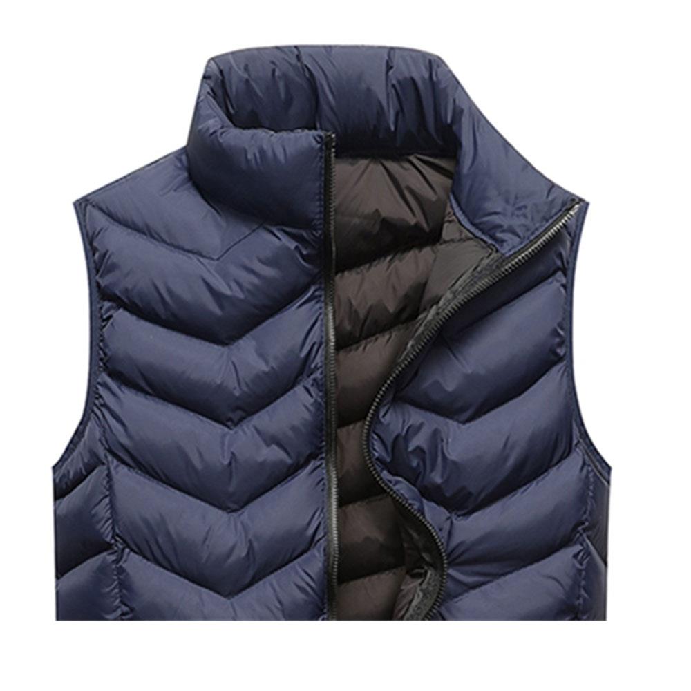 Men Winter Casual Stand Collar Solid Color Cotton Waistcoat Sleeveless Jacket Size L - Blue