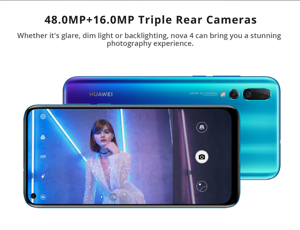 HUAWEI Nova 4 6.4 Inch Hole-punch Display 4G LTE Smartphone Kirin 970 8GB 128GB 48.0MP+16.0MP+2.0MP Triple Rear Cameras Android 9.0 Touch ID Type-C - Black