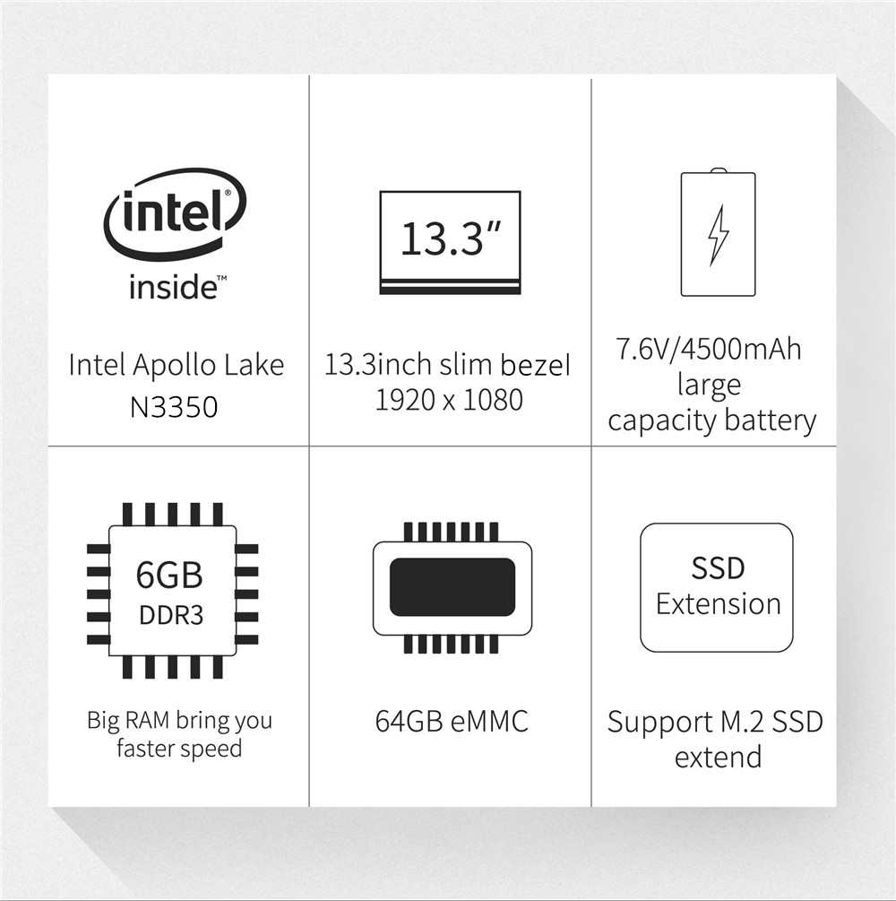 Jumper EZbook X3 Laptop Intel Apollo Lake N3350 Quad Core 13.3 Inch IPS FHD 1920*1080 Windows 10 6GB RAM 64GB ROM - Grey