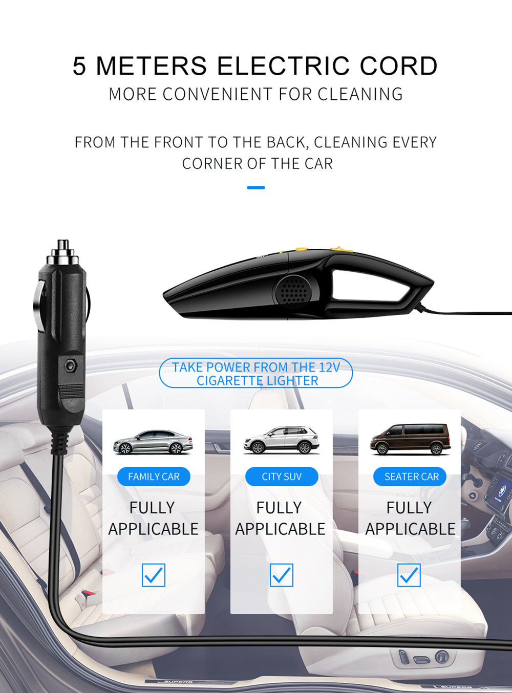 HULDRA HL-CY001 Portable Wired Handheld Car Vacuum Cleaner 120W Power - Black