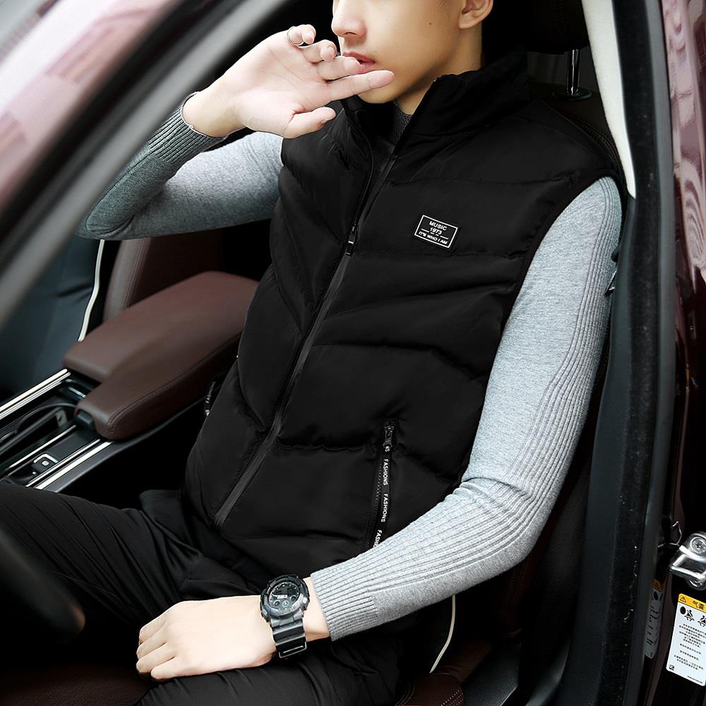 Men Winter Fashion Stand Collar Solid Color Cotton Sleeveless Waistcoat Size L - Black
