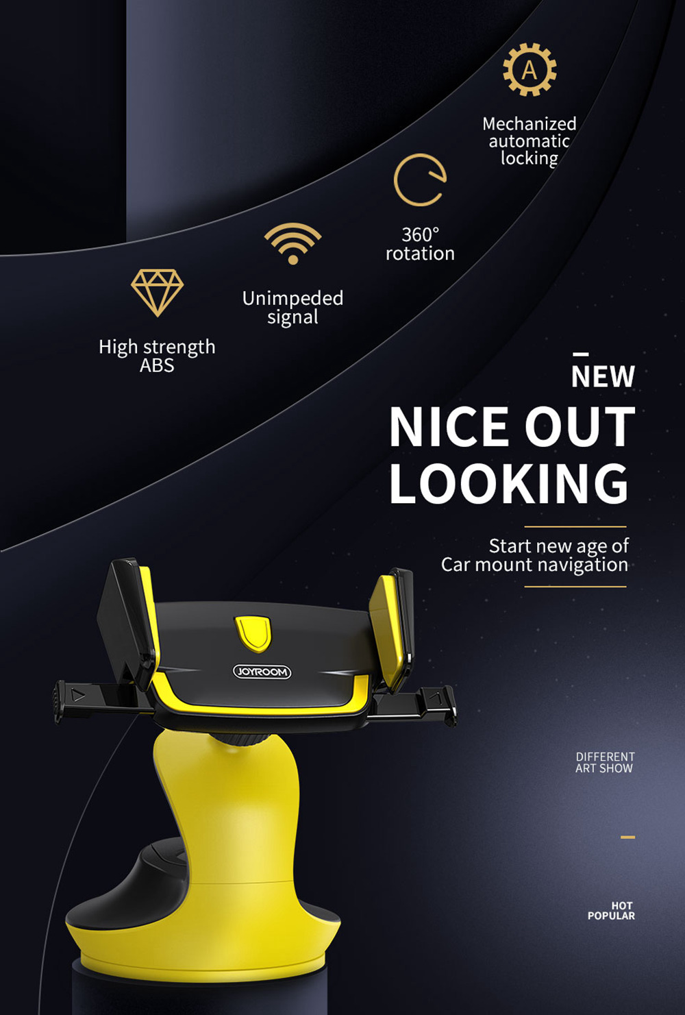 Joyroom JR-ZS162 Car Phone Mount Holder Mechanical Hand Suction Cup For 3.0-6.0 Inch Smartphone - Black + Yellow