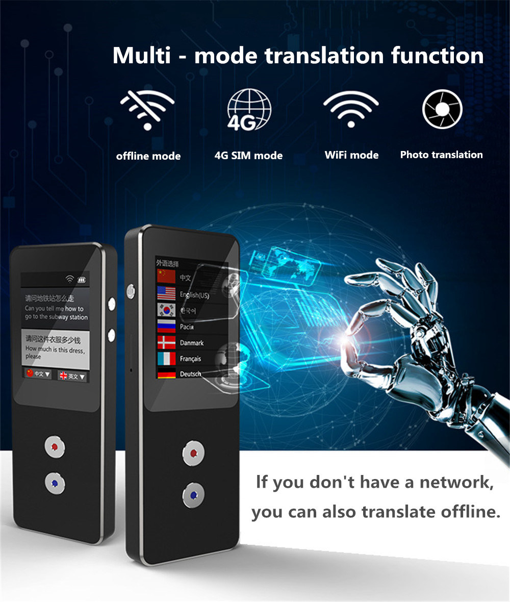 Binai T9-4G Smart Voice Translator 44 Languages Mini Bluetooth 4.0 2.4 Inch LCD - Black
