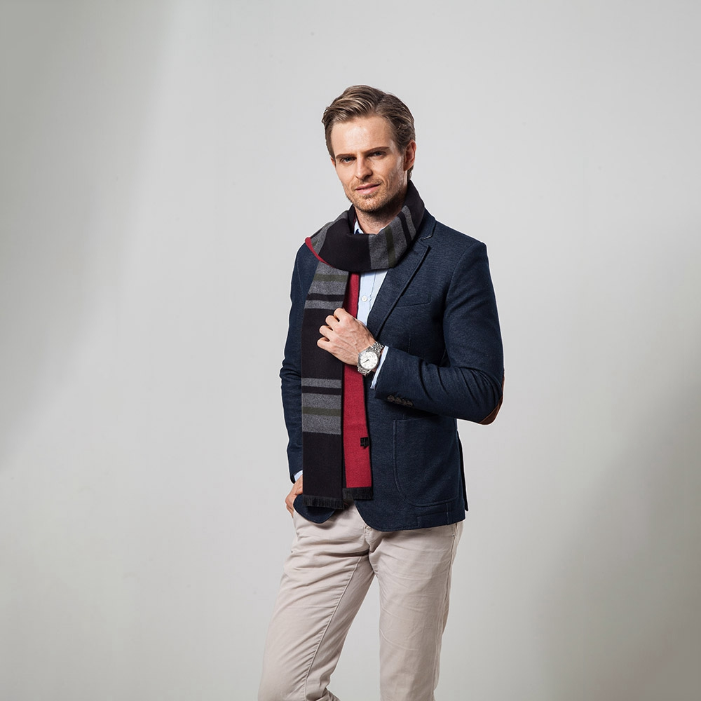 S04 Men Classic Business Imitation Cashmere Striped Plaid Warm Scarf 30x180CM - Red + Black