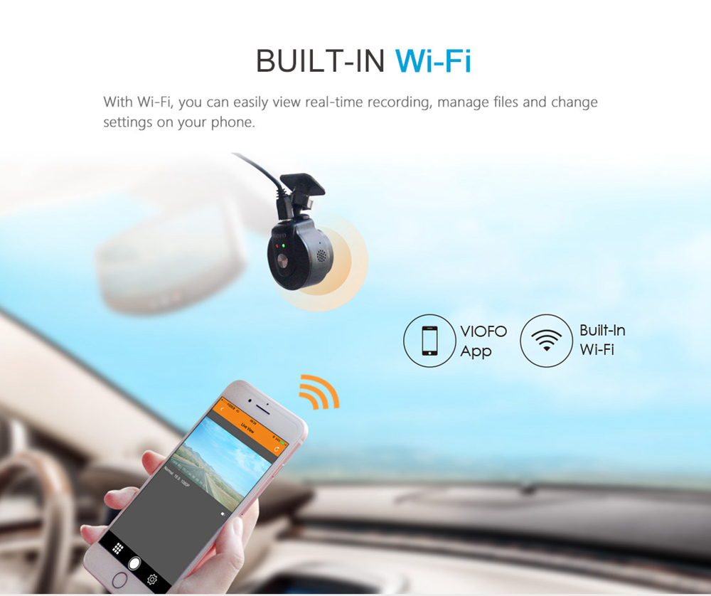 VIOFO WR1 Car Dash Camera NT96655 Sony IMX323 Sensor 1080P Full HD 30FPS 160 Degree Wide Angle Built-in WiFi - Black