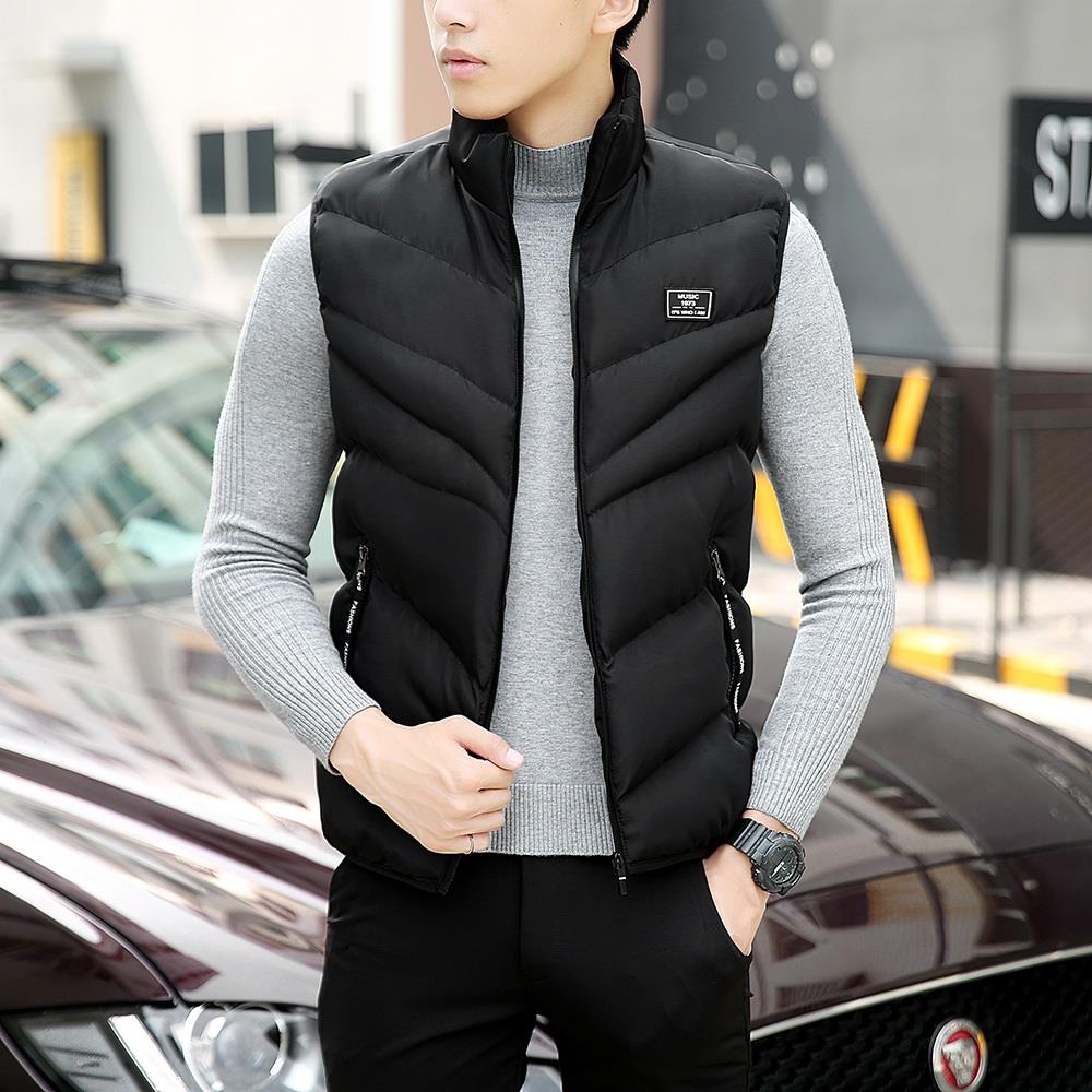 Men Winter Fashion Stand Collar Solid Color Cotton Sleeveless Waistcoat Size L - Black