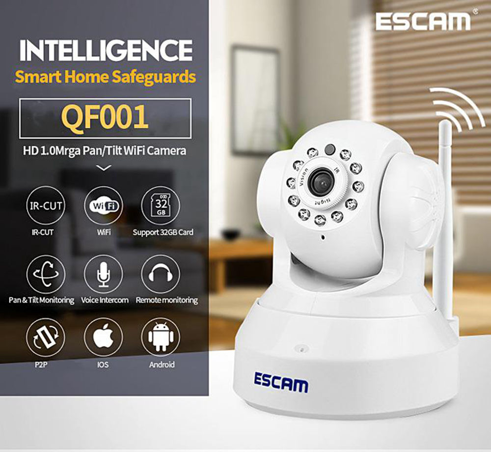 ESCAM QF001 WiFi 720P Smart Wireless Webcam Security Camera - White