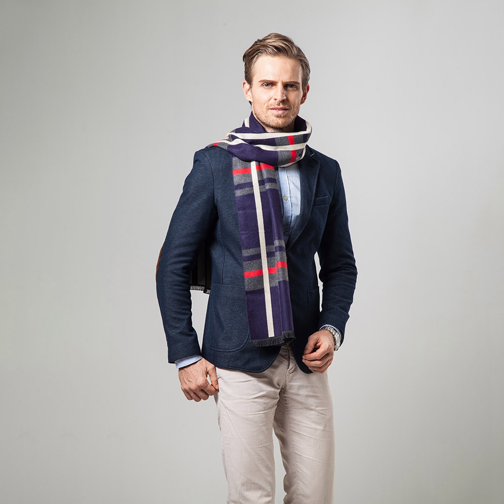 S04 Men Classic Business Imitation Cashmere Striped Plaid Warm Scarf 30x180CM - Navy Blue