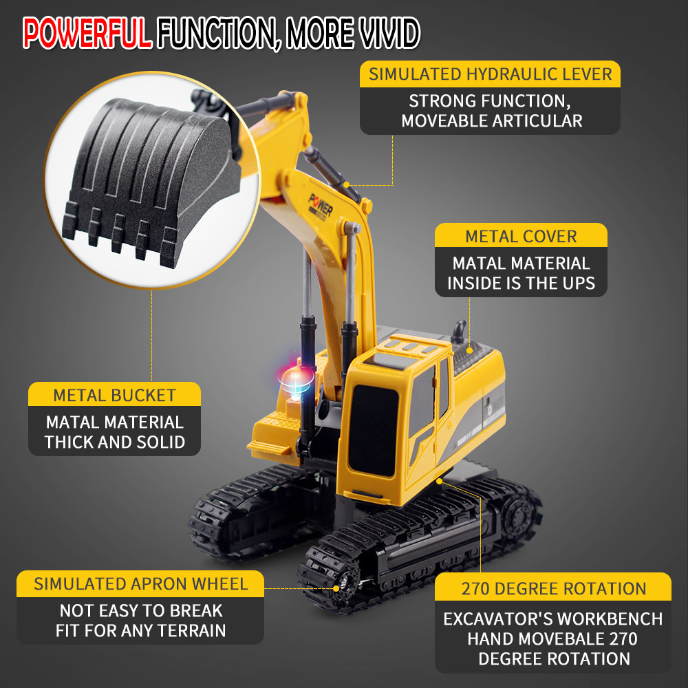 258-1 1:24 6CH Metal Excavator Construction Vehicle RC Car RTR