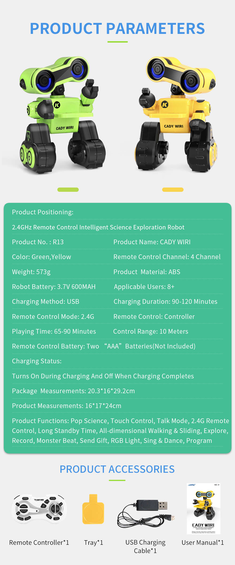 JJRC R13 CADY WIRI Touch Control Programmable Dancing RC Robot Colorful Lights Kids Toys - Green