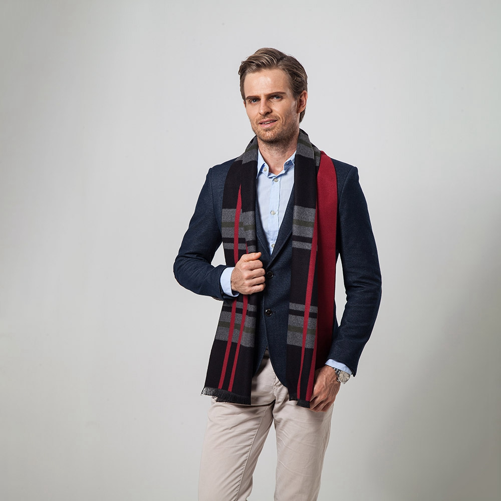 S04 Men Classic Business Imitation Cashmere Striped Plaid Warm Scarf 30x180CM - Red + Black