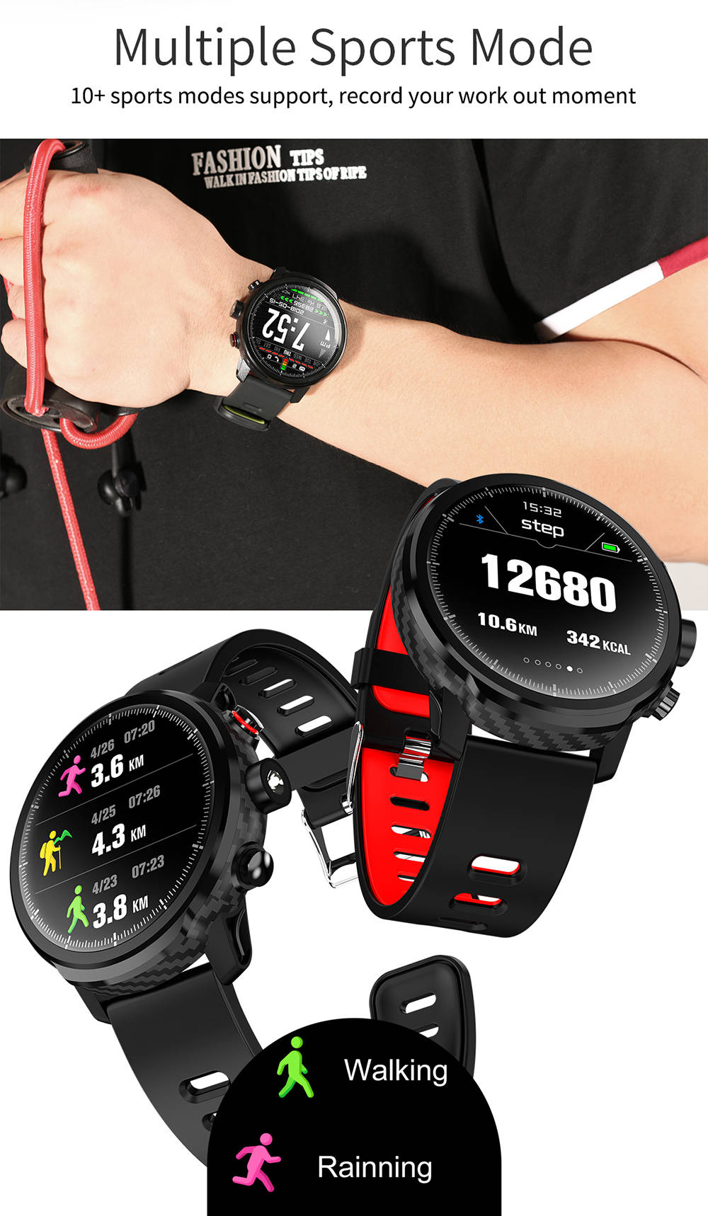 Makibes L5 Smart Watch 1.3 Inch Touch Screen Heart Rate Sleep Monitor IP68 Waterproof Multi-sports Modes Metal Band - Green