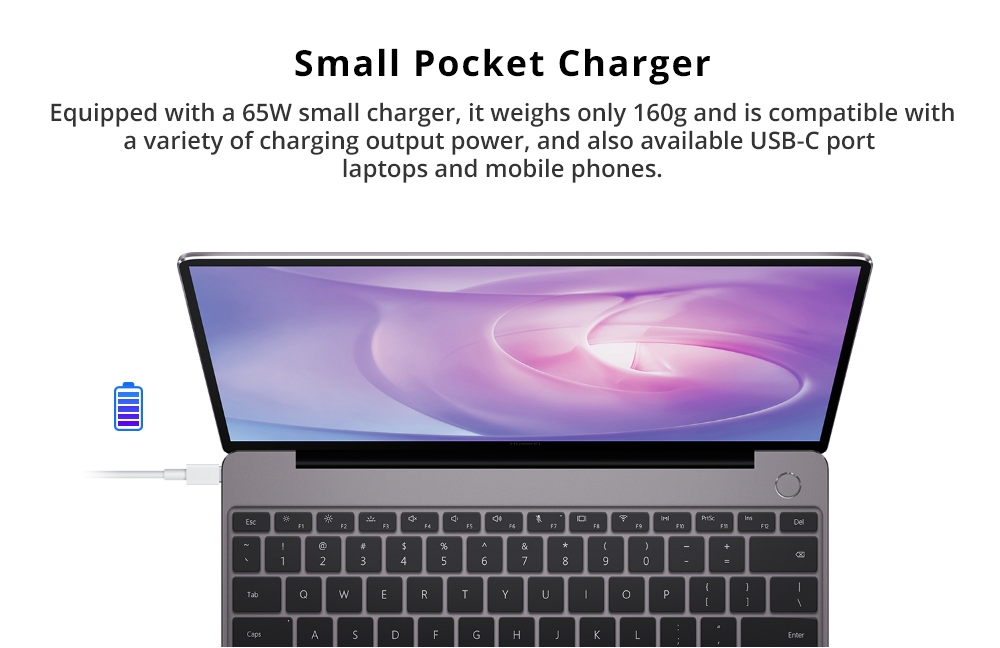 Huawei MateBook 13 Laptop Intel Core i5-8265U Quad Core 13" Fingerprint IPS 2K Screen 2160*1440 Windows 10 8GB RAM 512GB SSD - Silver
