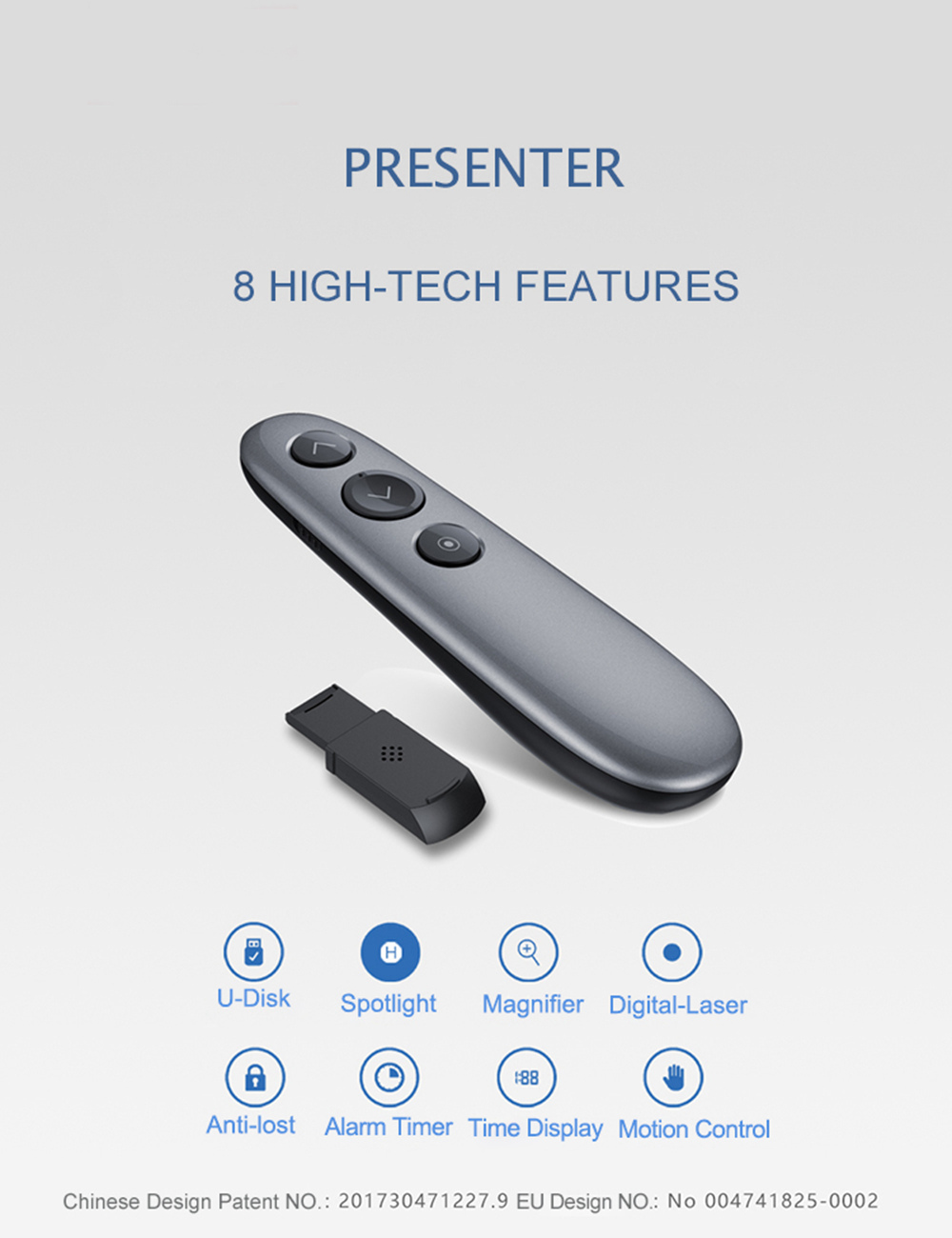 H100 Digital Laser Presenter 2.4G Wireless with Air Mouse Spotlight TF Card PPT Pointer - Sliver