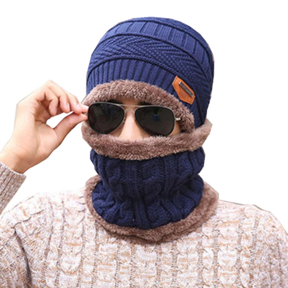MZD0162 Men Winter Fleece Thickened Knitting Two-piece Set Hat + Cycling Windproof Scarf - Navy Blue