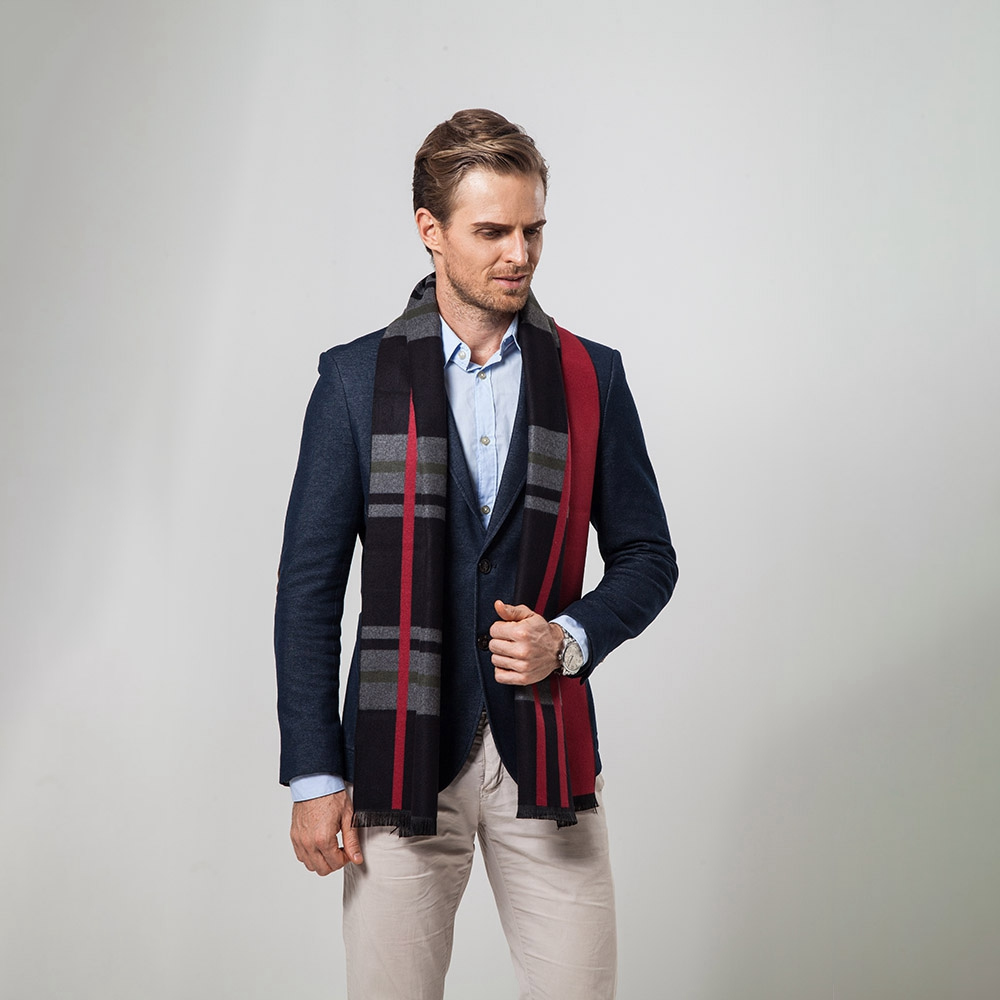 S04 Men Classic Business Imitation Cashmere Striped Plaid Warm Scarf 30x180CM - Red + Black
