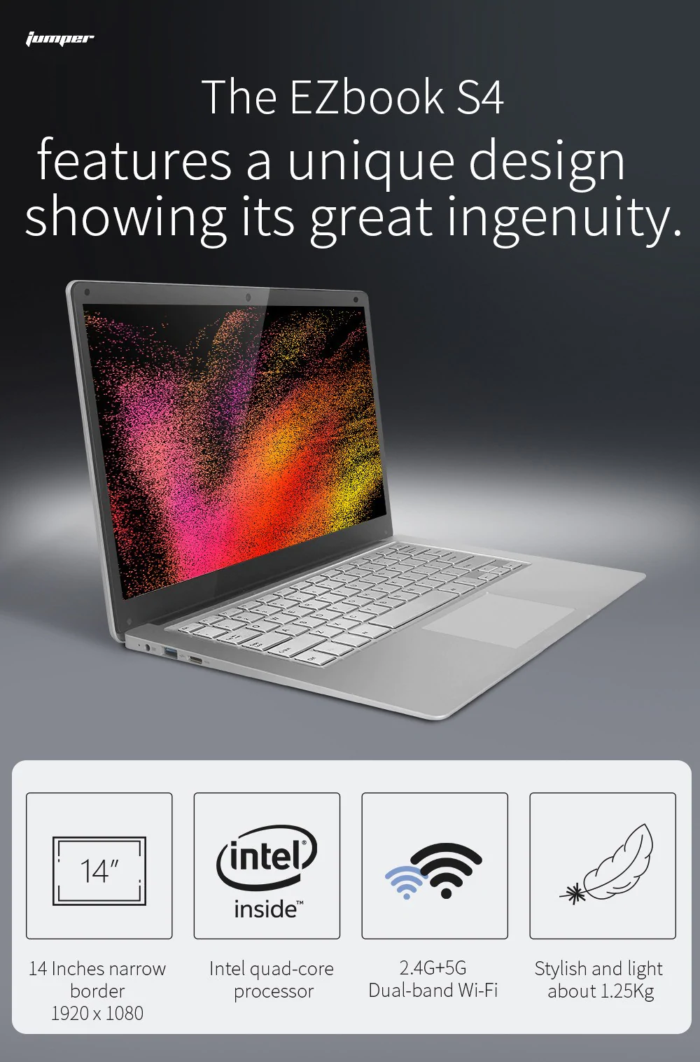 Jumper EZbook S4 Laptop Intel Celeron Gemini Lake N4100 Quad Core 14 Inch 1920*1080 8GB RAM 256GB SSD Windows 10 - Silver