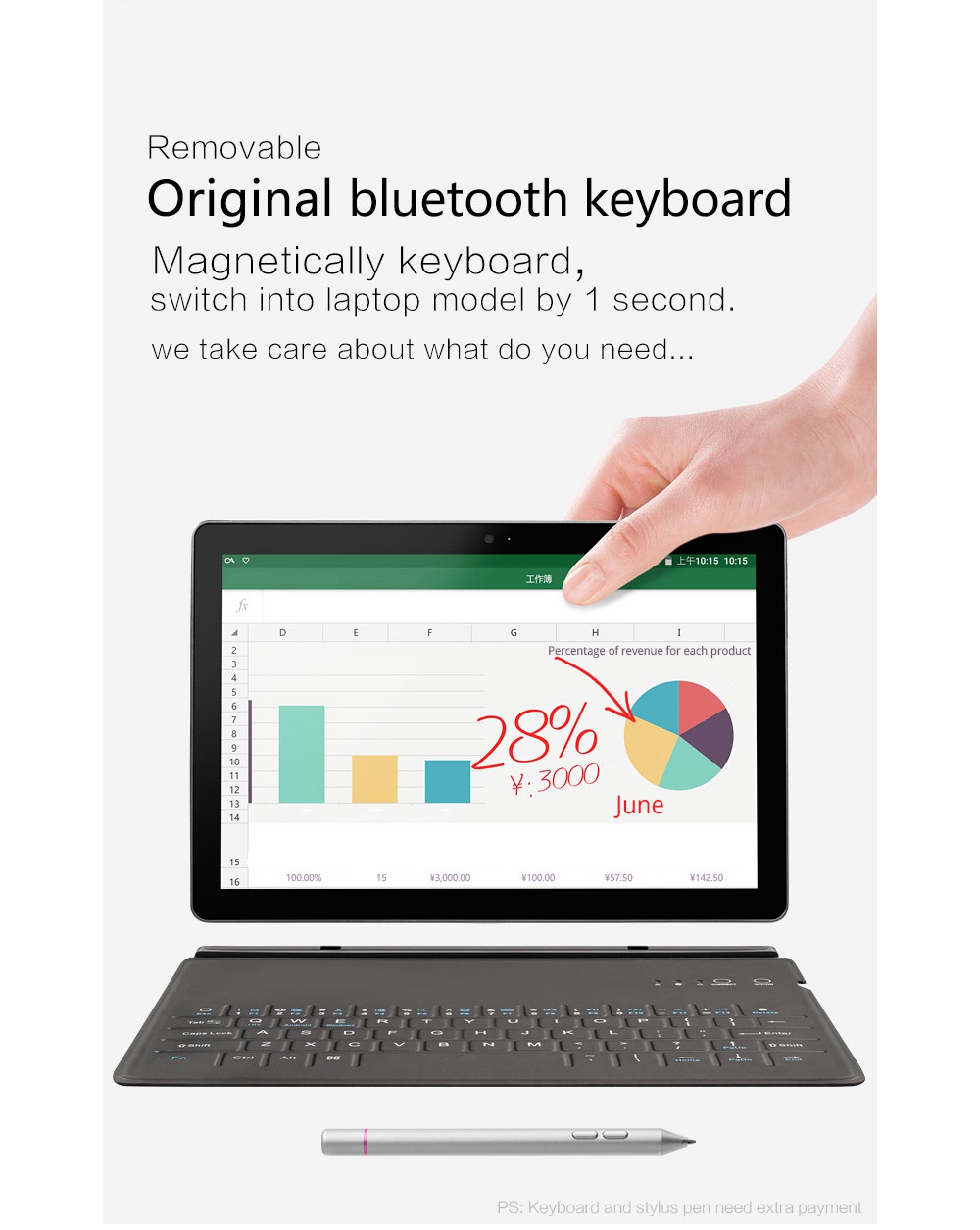 VOYO i8 Max 4G 10.1 Inch Tablet PC (Silver) + Original Bluetooth Keyboard (Black) + Original Stylus Pen (Silver)