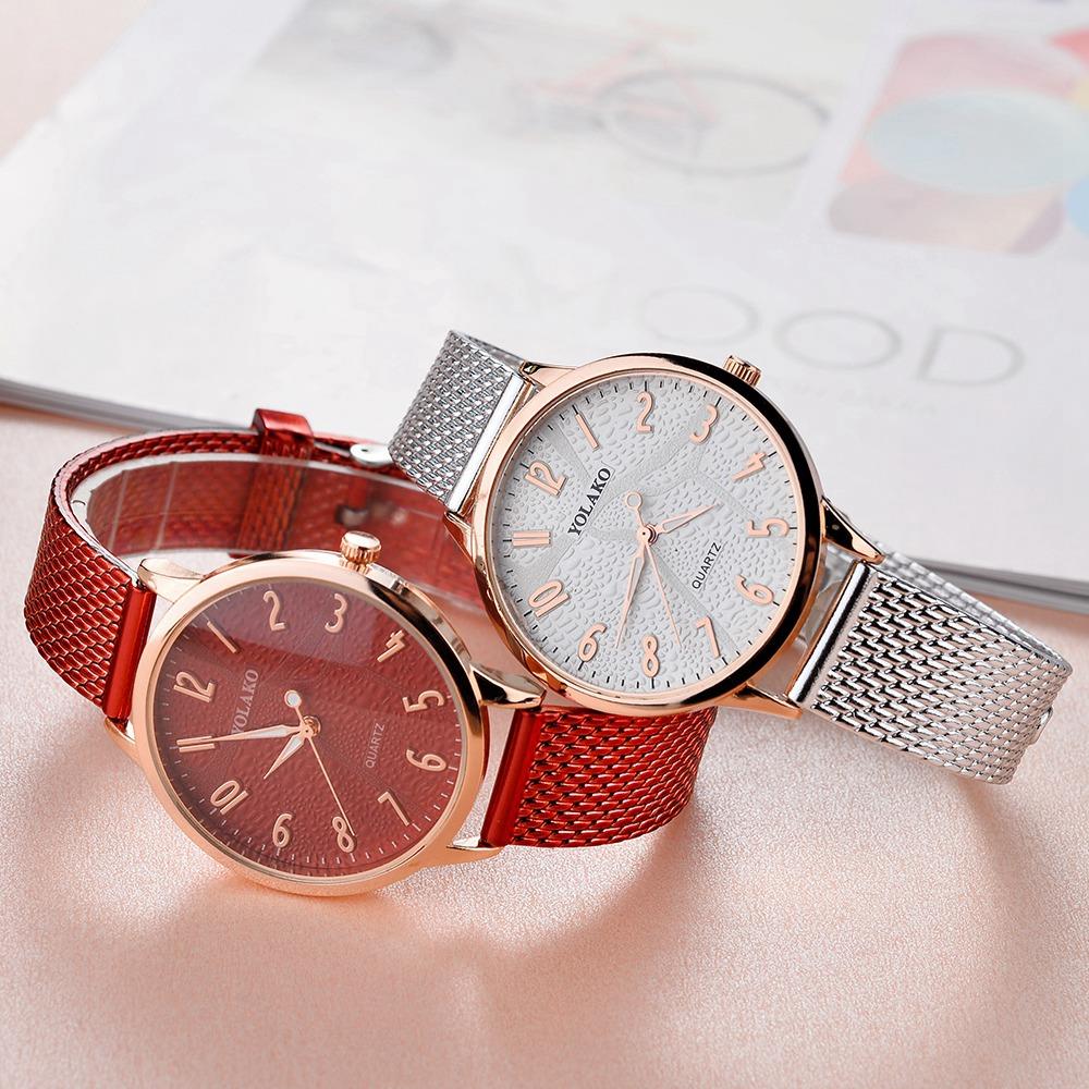 YOLAKO YK40 Women Stylish Quartz Watch Plastic Leather Strap - Rose Gold + Light Brown