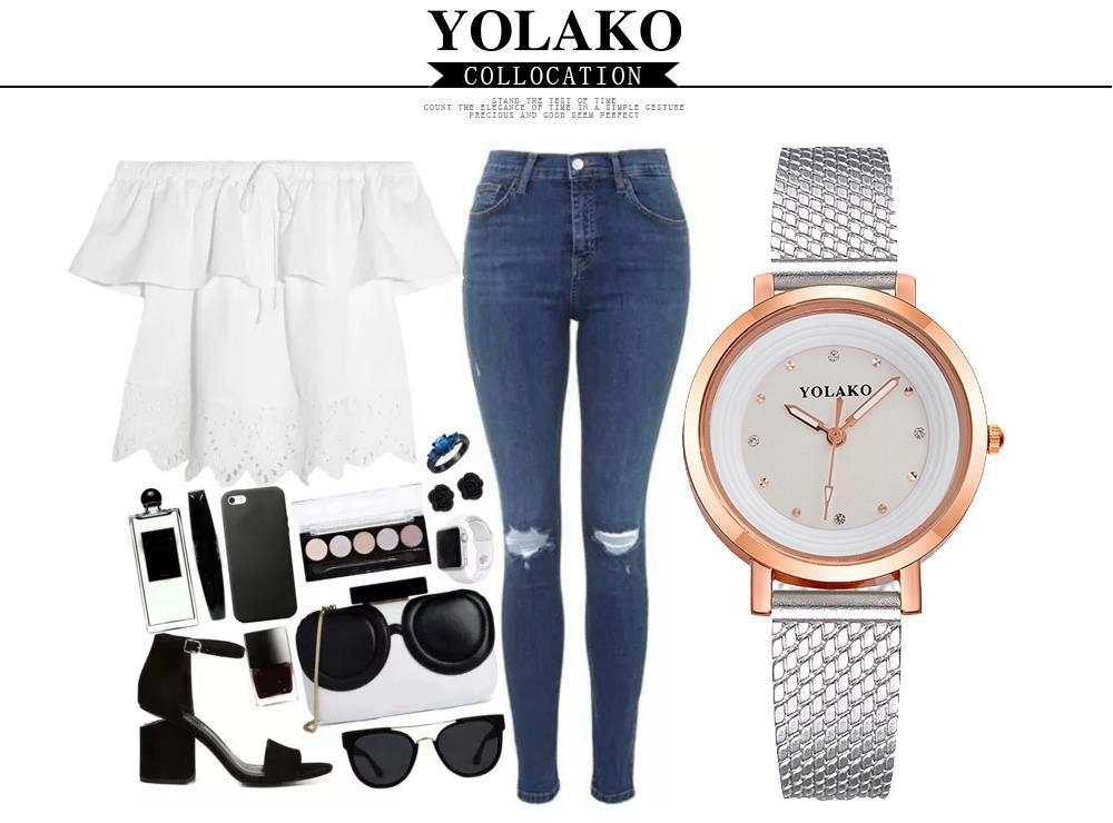 YOLAKO YK08 Women Casual Quartz Watch Rose Gold Case Plastic Leather Strap - Gold