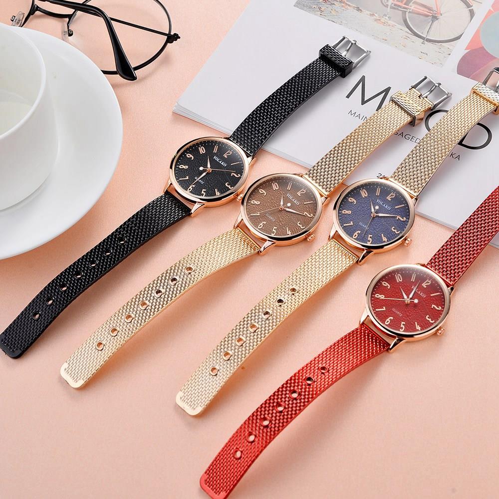 YOLAKO YK40 Women Stylish Quartz Watch Plastic Leather Strap - Rose Gold + Light Brown
