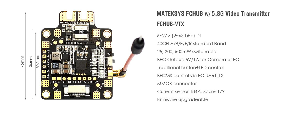 Matek Systems FCHUB-VTX 5.8G 40CH 25/200/500mW Switchable Video Transmitter 6-27V PDB 5V/1A BEC for RC Drone